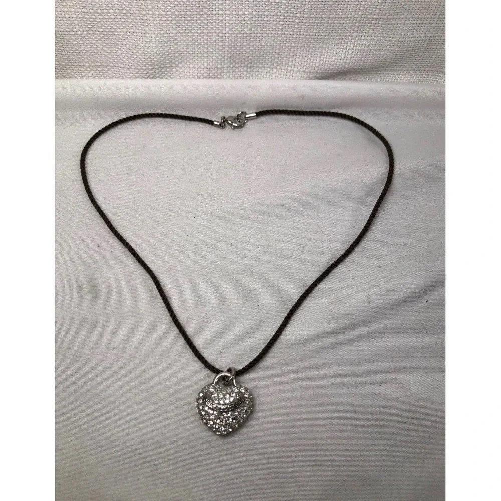 Juicy Couture Pave Crystal Heart Y2K Pendant Brown Cord Necklace 16 Inch